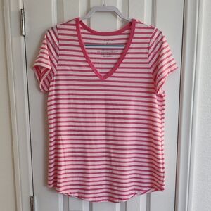 Torrid Pink and White Striped Short Sleeve V-Neck Tee Size 00